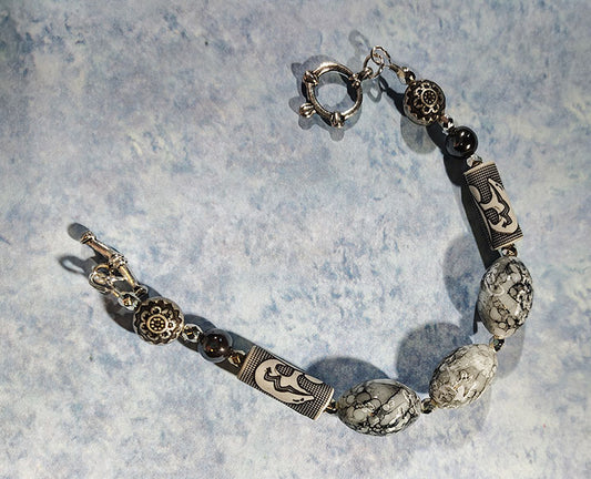 Snowflake Obsidian Bracelet with Bone Bear